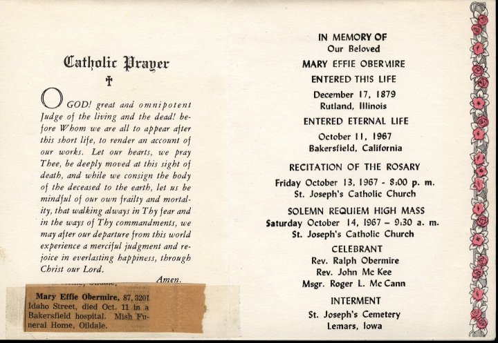 Inside of funeral card for Mary Effie Ewin Obermire