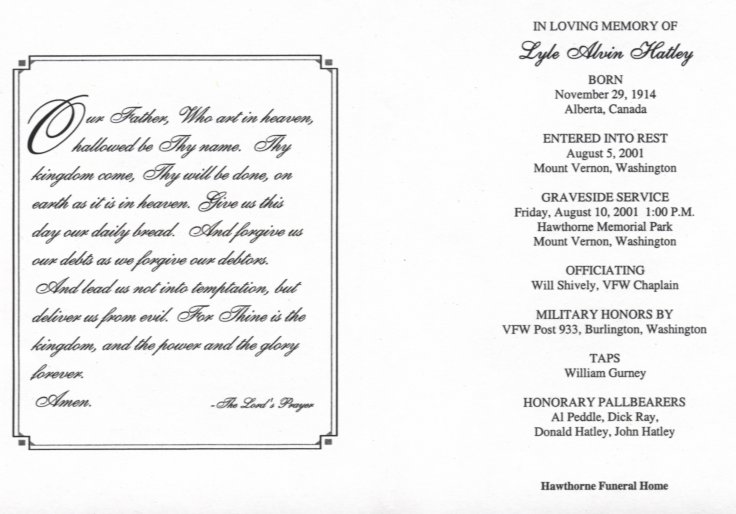 Funeral card for Lyle A. Hatley