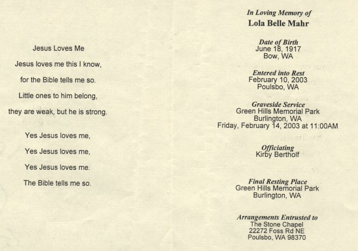 Inside of funeral card for Lola Belle Mahr