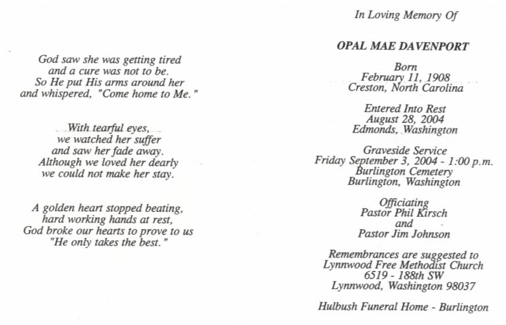 Inside of funeral card for Opal Mae Davenport