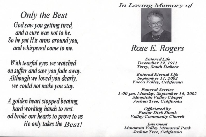 Inside of funeral card for Rose Ella Rogers