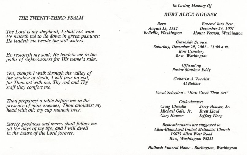 Inside of funeral card for Ruby Alice Houser