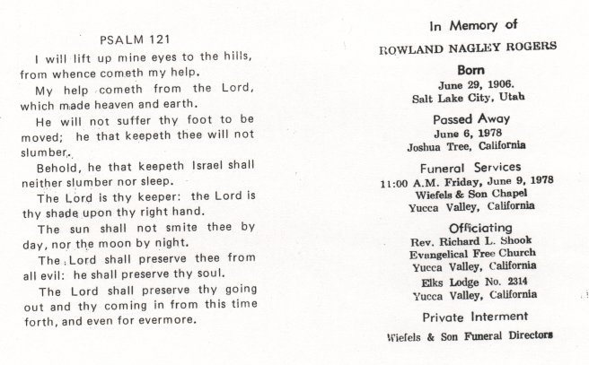 Inside of funeral card for Rowland Nagley Rogers