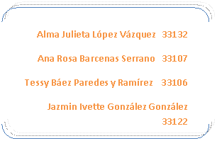 Corchetes: Alma Julieta L�pez V�zquez   33132
Ana Rosa Barcenas Serrano   33107
Tessy B�ez Paredes y Ram�rez    33106
Jazmin Ivette Gonz�lez Gonz�lez  33122
