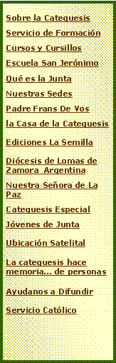 Cuadro de texto: Sobre la Catequesis Servicio de Formaci�n Cursos y CursillosEscuela San Jer�nimoQu� es la JuntaNuestras SedesPadre Frans De Vosla Casa de la CatequesisEdiciones La SemillaDi�cesis de Lomas de Zamora  Argentina Nuestra Se�ora de La PazCatequesis EspecialJ�venes de Junta Ubicaci�n SatelitalLa catequesis hace memoria� de personasAyudanos a DifundirServicio Cat�lico