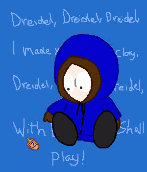 This picture was made by my friend Kitty. I'm a fan of South Park and made an SP fanfic character named Nick he's Kenny's little brother . He also shares the same interest in dreidels. Thanx Kitty!!