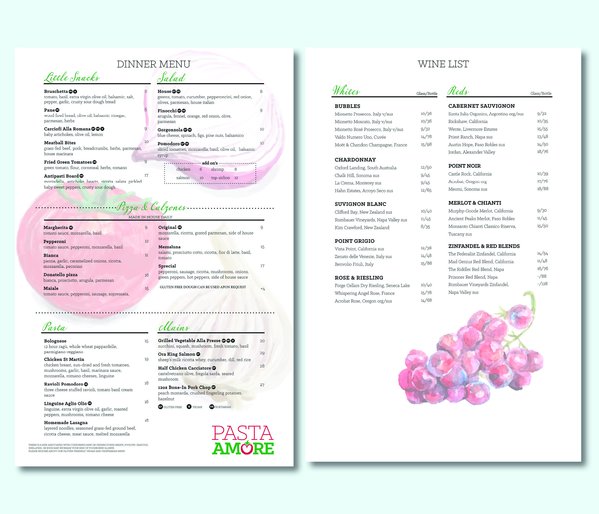 pasta amore menu