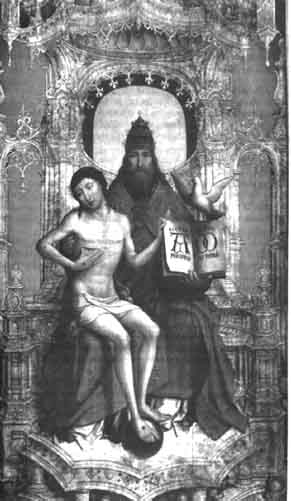 eine russisch-orthodoxe Ikone zeigt die Dreieinigkeit des Vaters, des Sohnes und des Heiligen Geistes in Form einer Taube