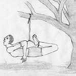 Sketch of torture known as the helicopter,suspended from a tree