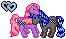 A custom My Little Pony picture done bt Starshine. It represents my mate, DezertRose (Pink and purple) and I (Black and blue).