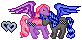 A custom My Little Pony picture done bt Starshine. It represents my mate, DezertRose (Pink and purple) and I (Black and blue). (With wings)