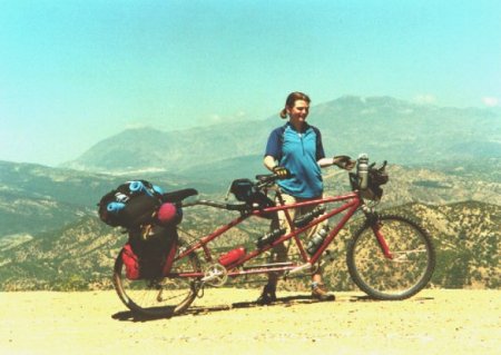 Karen in Morocco, with Chefchaouen in the background