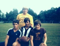 Circa 1985 - My soccer buddies taking time out for footy - Aaron Clark (in blue), myself (black & white), Matt Clark (brown) and Scott LaRaia (yellow)