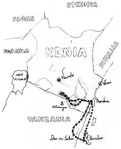 De route die we volgden door Kenia.
