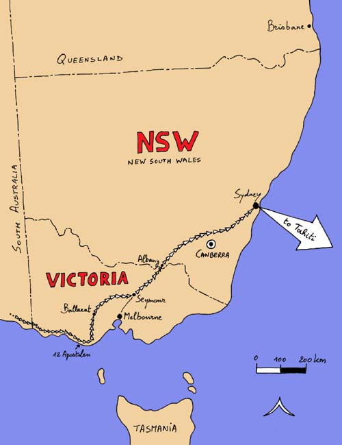 De route die we volgden door Victoria en New South Wales in Australi�.