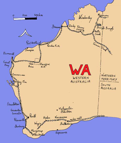De route die we volgden door het westen van Australi�.