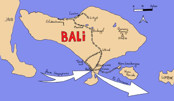 De route die we volgden door Bali.