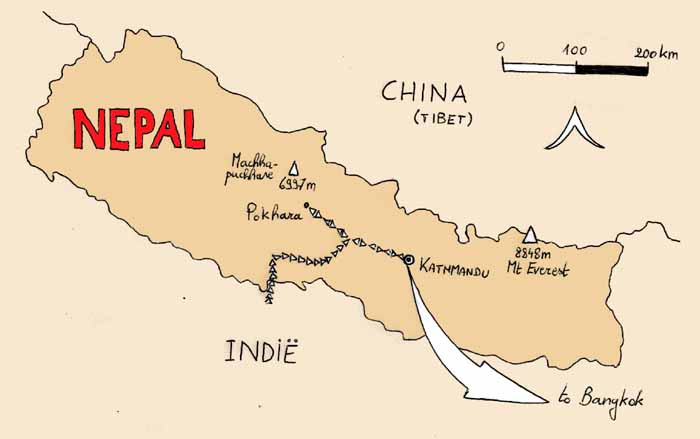 De route die we volgden door Nepal.