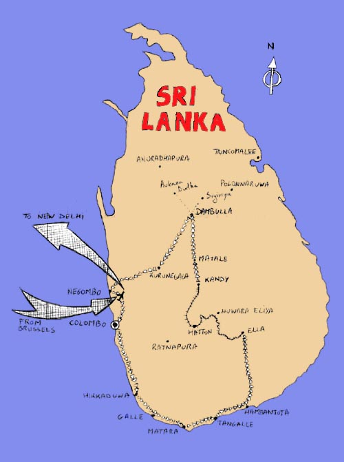 De route die we volgden door Sri Lanka.