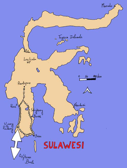 De route die we volgden door Sulawesi.