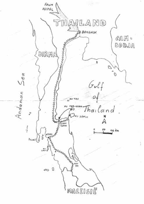 De route die we volgden door Thailand.