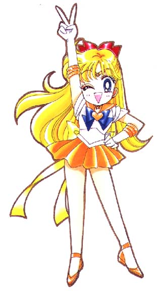 [Small Super Sailor Venus with a hand on her hip and 2 fingers high in the air]
