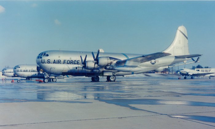 100th AREFS KC-97s lined up. KC-97G 53-0172 is in the foreground. The tail stripe is black..
