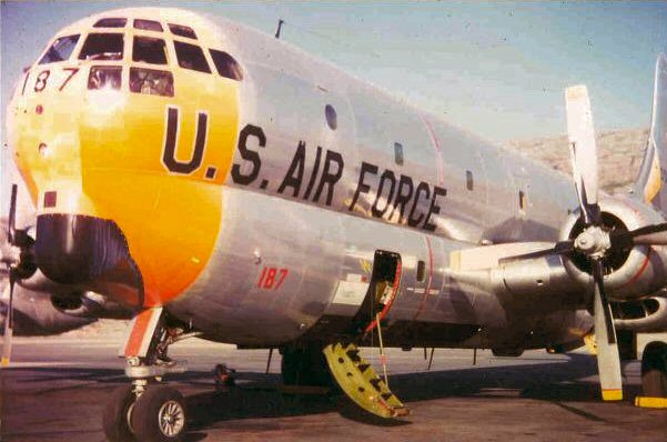 19th Air Refueling Squadron KC-97G 53-0187 painted in day-glo orange. Taken in Sonderstrom, Greenland by navigator Gerry Dornfeld.