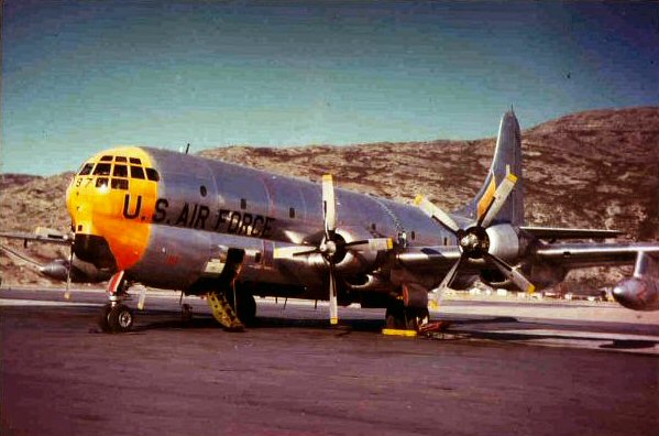 19th Air Refueling Squadron KC-97G 53-0187 painted in day-glo orange. Taken in Sonderstrom, Greenland by navigator Gerry Dornfeld.