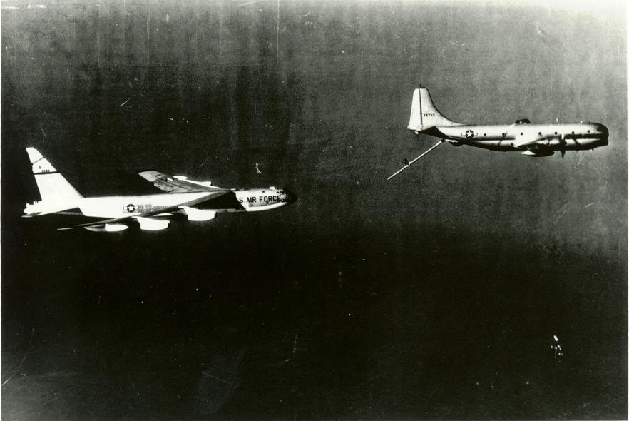 22nd AREFS KC-97G 52-2753 refueling a 93rd Bomb Wing B-52 during Operation Power Flite, the first around the world refueling of a B-52.