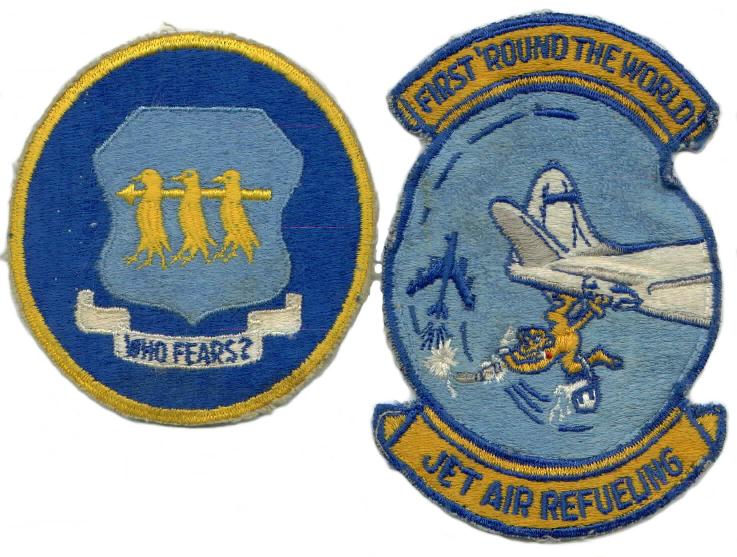 301st Bombardment Wing patch on the left and 301st AREFS morale patch made after the first around the World non-stop B-52 refueling. The B-52s were from Castle AFB, California. The 301st depoloyed to Goose Bay for the refuelings.