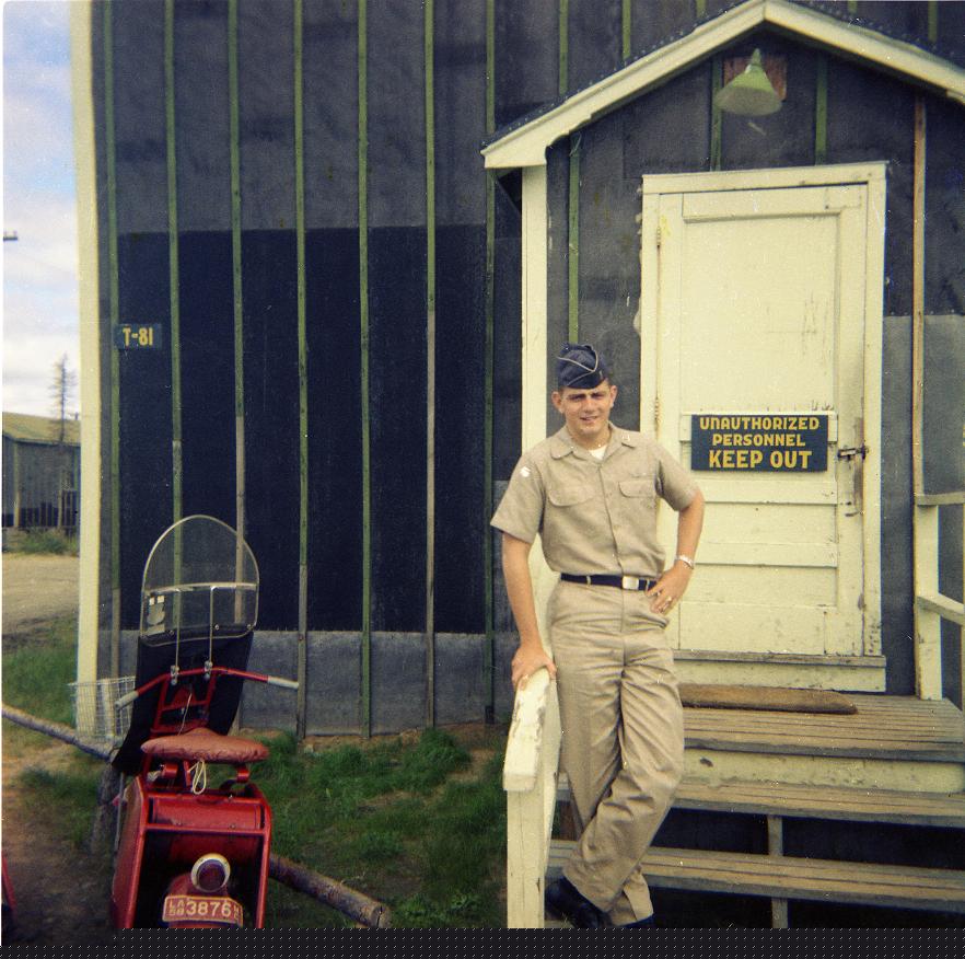 301st AREFS pilot Hank Brown with his Cushman scooter that he took to Goose Bay on a couple of occasions. On the occasion that he didn�t take it, he left it chained up in a parking area right behind the hangar at Barksdale AFB where their squadron was located. When he got back the scooter was still there minus both wheels. Photo taken in late 1958.