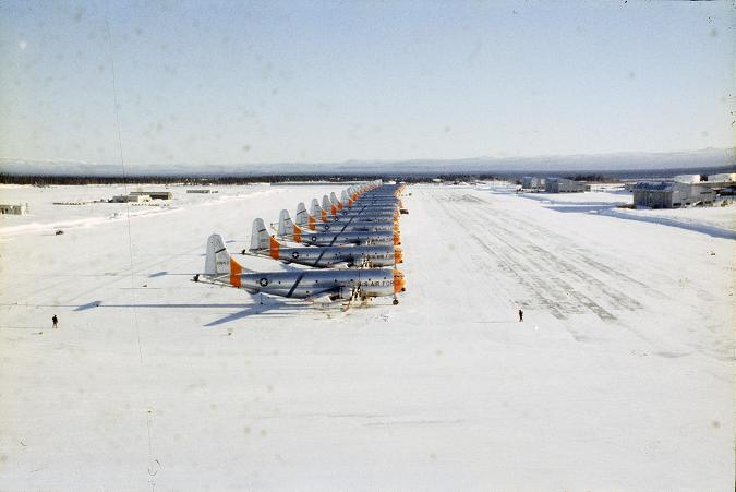 KC-97s from the 301st Air Refueling Squadron lined up at Goose Bay, Labrador Canada in 1962. KC-97G 52-0850 is in the foreground. The diagonal tail stripe is very dark green. -Photo courtesy of 301st pilot Hank Brown