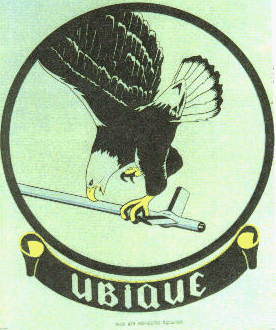 96th AREFS original patch submission courtesy of Bob Eagle. Argent an eagle descending Sable, tail and head of the first beak and feet Or grasping in dexter talons an olive branch Vert and in sinister talons a sheaf of three arrows Yellow; all within a diminished bordure of the fourth. MOTTO: UBIQUE�Everywhere. Approved on 19 Jun 1956; modified on 9 Dec 1994