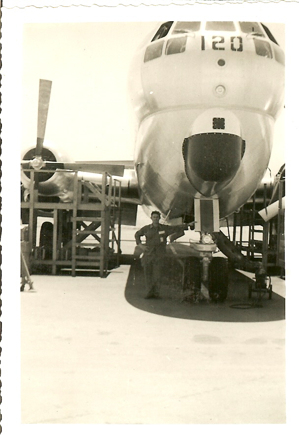 Charles Cassinelli in front of his 9th AREFS KC-97G 53-0120 at Mountain Home AFB, Idaho. He was there from August 1953 to June 1960. - Courtesy of Charles Cassinelli.