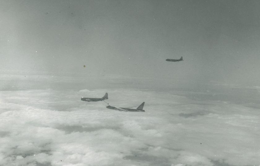 301st AREFS KC-97Gs from Barksdale AFB refueling a 329th Bombardment Squadron B-52B from Castle AFB, CA during an around-the-world flight in January 1957. B-52 tail numbers were 53-0394, 53-0397 & 53-0398.