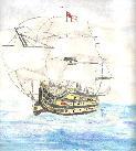 This is H.M.S. Victory, Admiral Nelson's flagship at the Battle of Trafalgar in 1804. I used pictures and a model to get this dolphin's eye view. I don't think I'll specialise as a marine water colourist although I don't think this will be the last ship I paint....