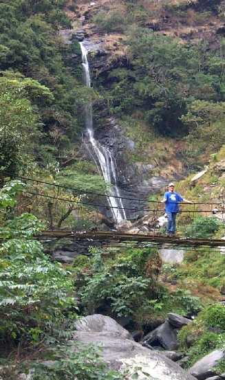 A Waterfall and Suspension Bridge in Maolin Area