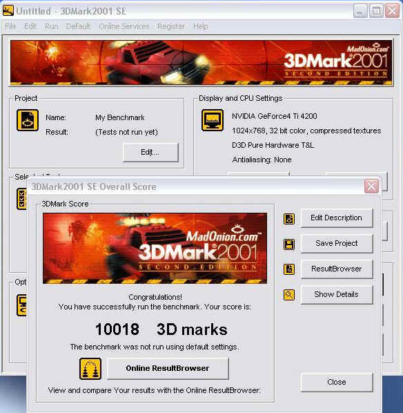 My computer performance benchmarked in 3DMark 2001 SE 