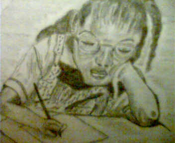 sketch of lil Afrikan child studying at school desk