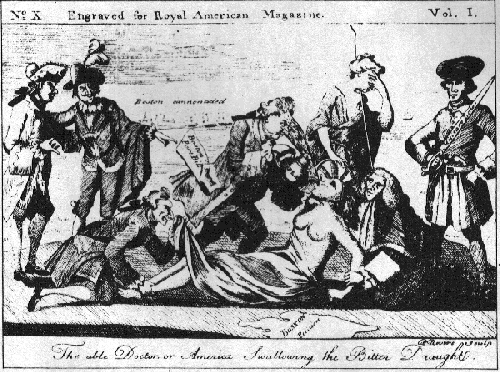 Fig. 7 Anon.: The able Doctor or America swallowing the Bitter Draught Published by Paul Revere in 1774 after the Boston Tea Party. The tea is like pap poured down the throat, only here reversed, the mother now getting hers. Making  America a mother enables the artist to merge another theme, that of birth, with the doctor looking under the skirts of the prostrate woman.