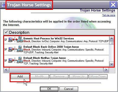 Trojan horse settings, block all listed ports