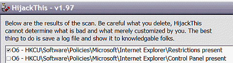 HijackThis window showing restrictions present