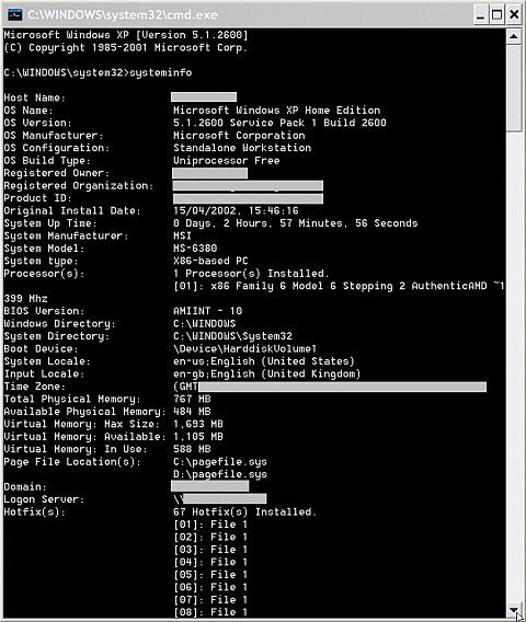 Systeminfo window: first page