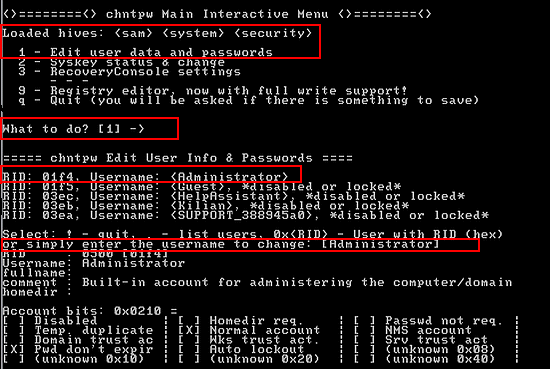 chntpw 主要選擇菜單 Main Interactive Menu