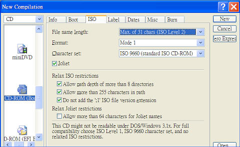 Nero 6: ISO tab settings