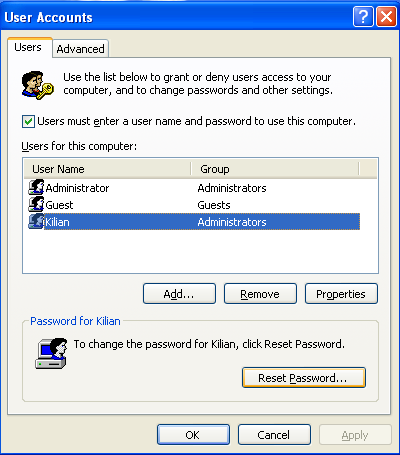 Classic User Accounts Control Panel applet: change password for another account.