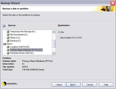Backup Wizard: Select disk or partition and destination