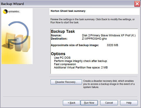 Norton Ghost task summary