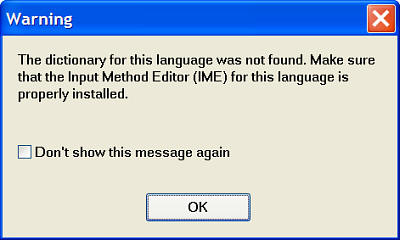 Warning message about missing language dictionary